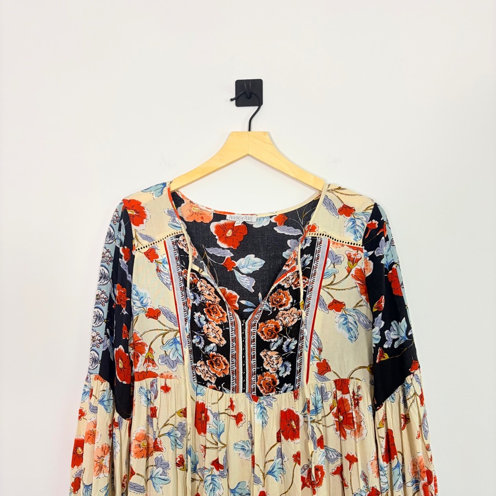 Patrons of Peace Floral Boho Mini Dress Small V-Neck Long‎ Sleeve Ruffle Hippie - Picture 3 of 7